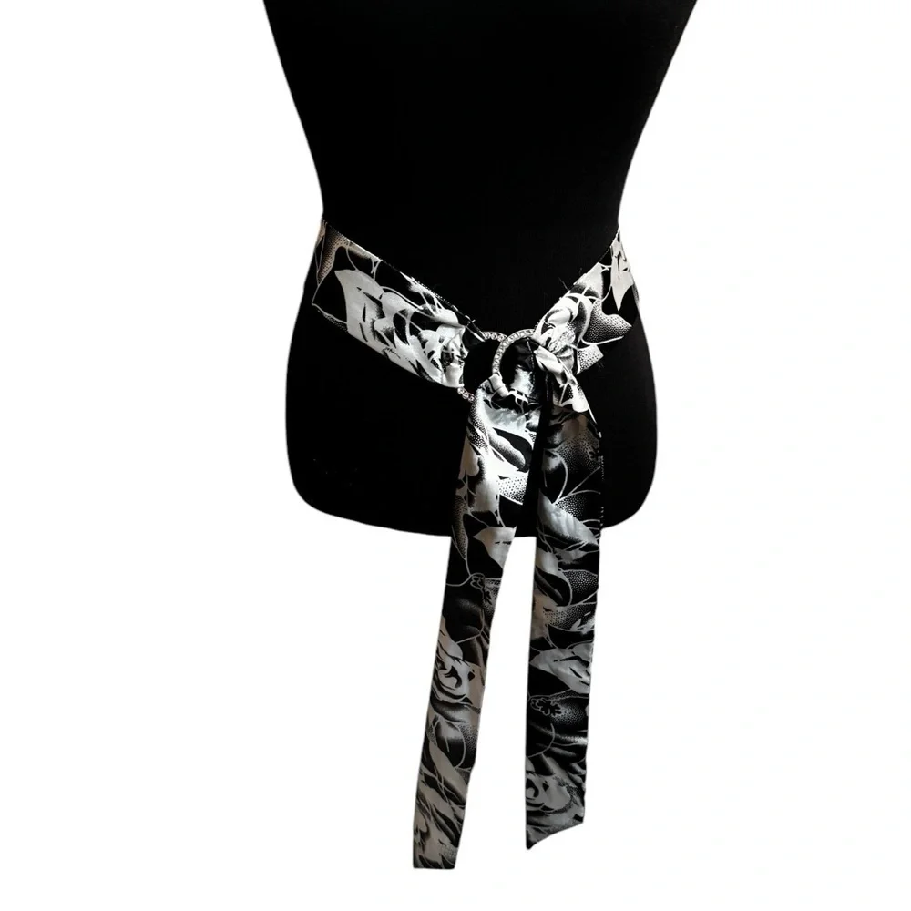 Y2K Style Bling Belt  Rhinestone Accents Black and White Floral Party Floral